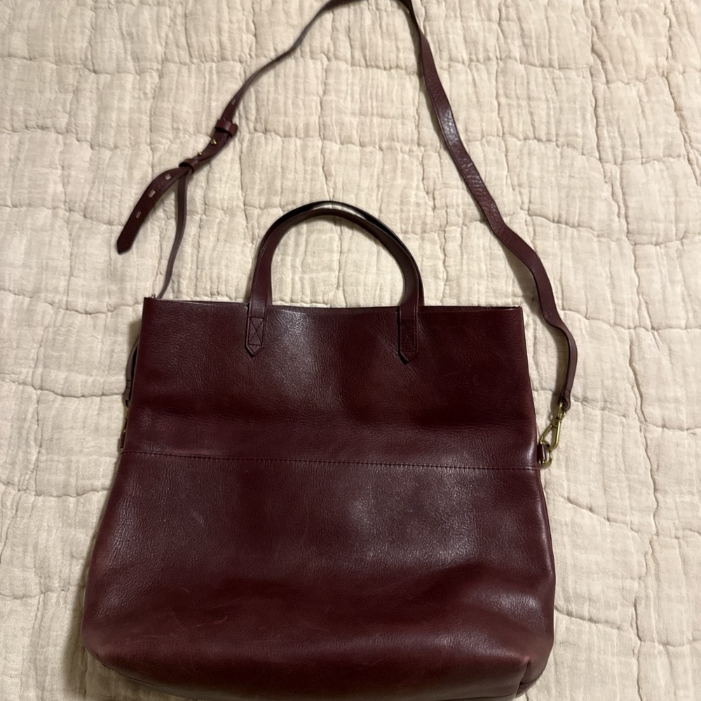Madewell Burgundy Leather Tote Bag with Adjustable Strap inside pocket